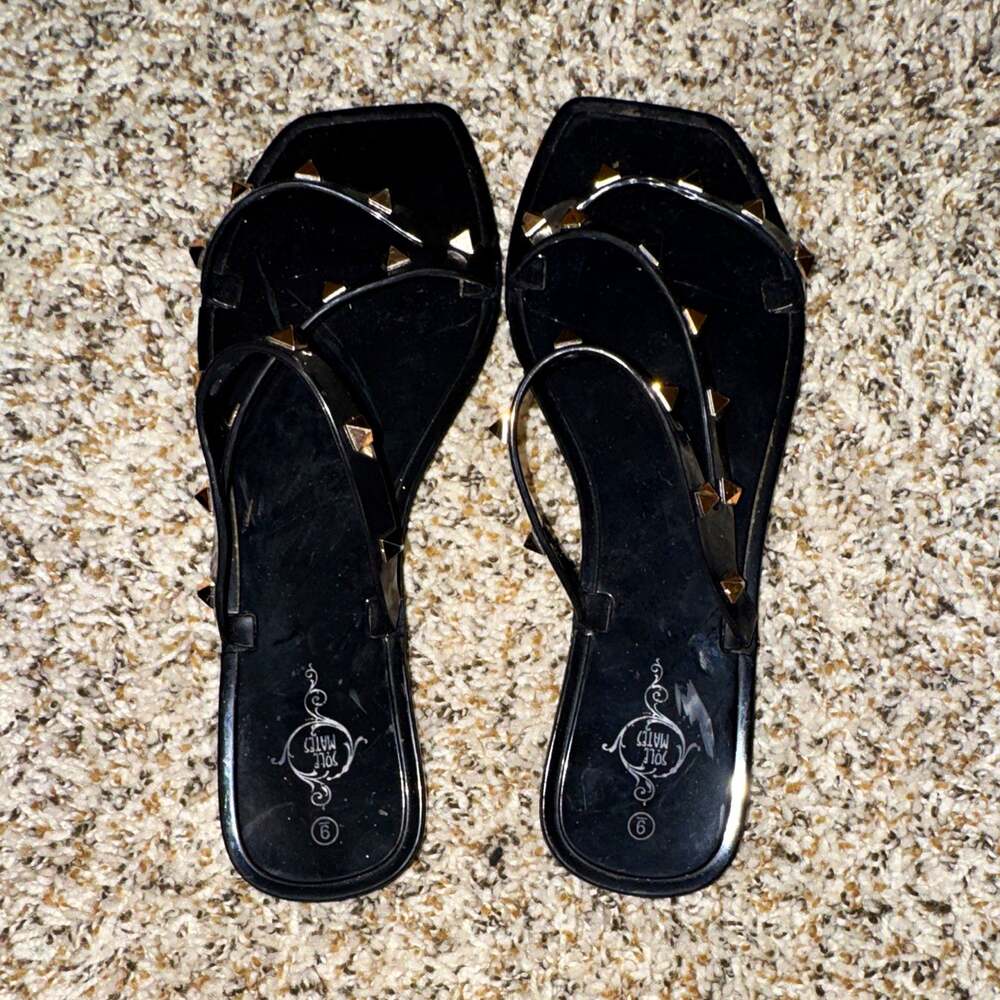 SOLE MATES Womens Black Studded Slip-On Flat Open Toe Slide Sandals Size 9